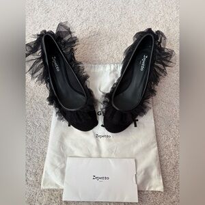 Repetto tulle trimmed black suede healed ballet shoe, size 41